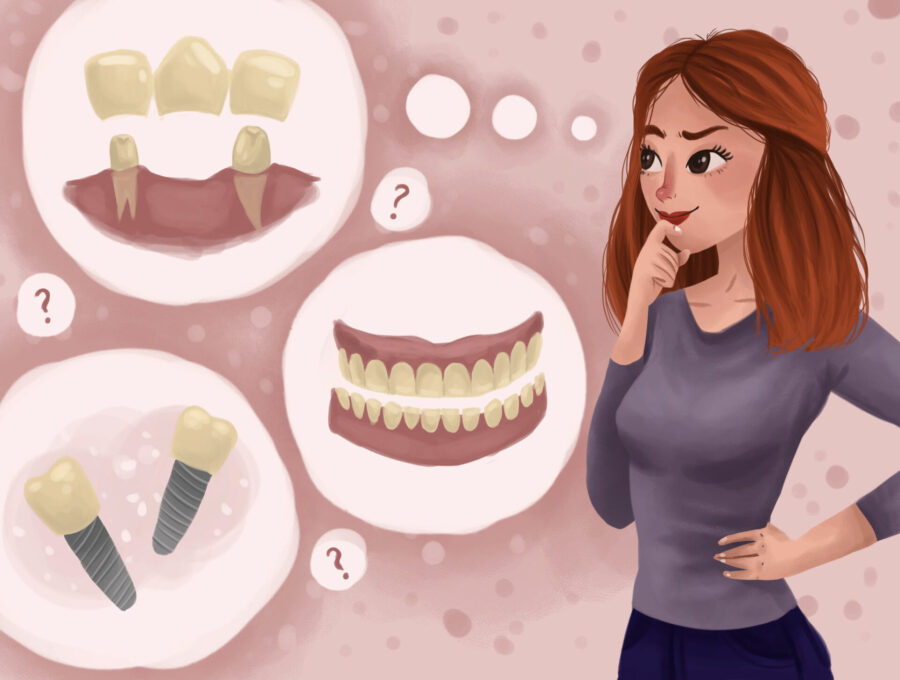 different missing teeth replacement, dental bridges, dental implants, dentures