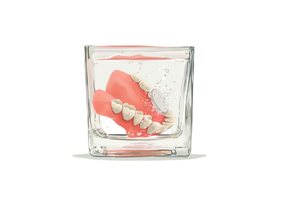 denture care, dentures soaking in cup
